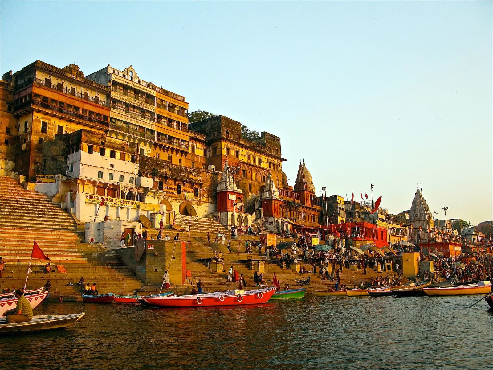 Stone steps and riverfront buildings of the ghats of Varanasi along the Ganga