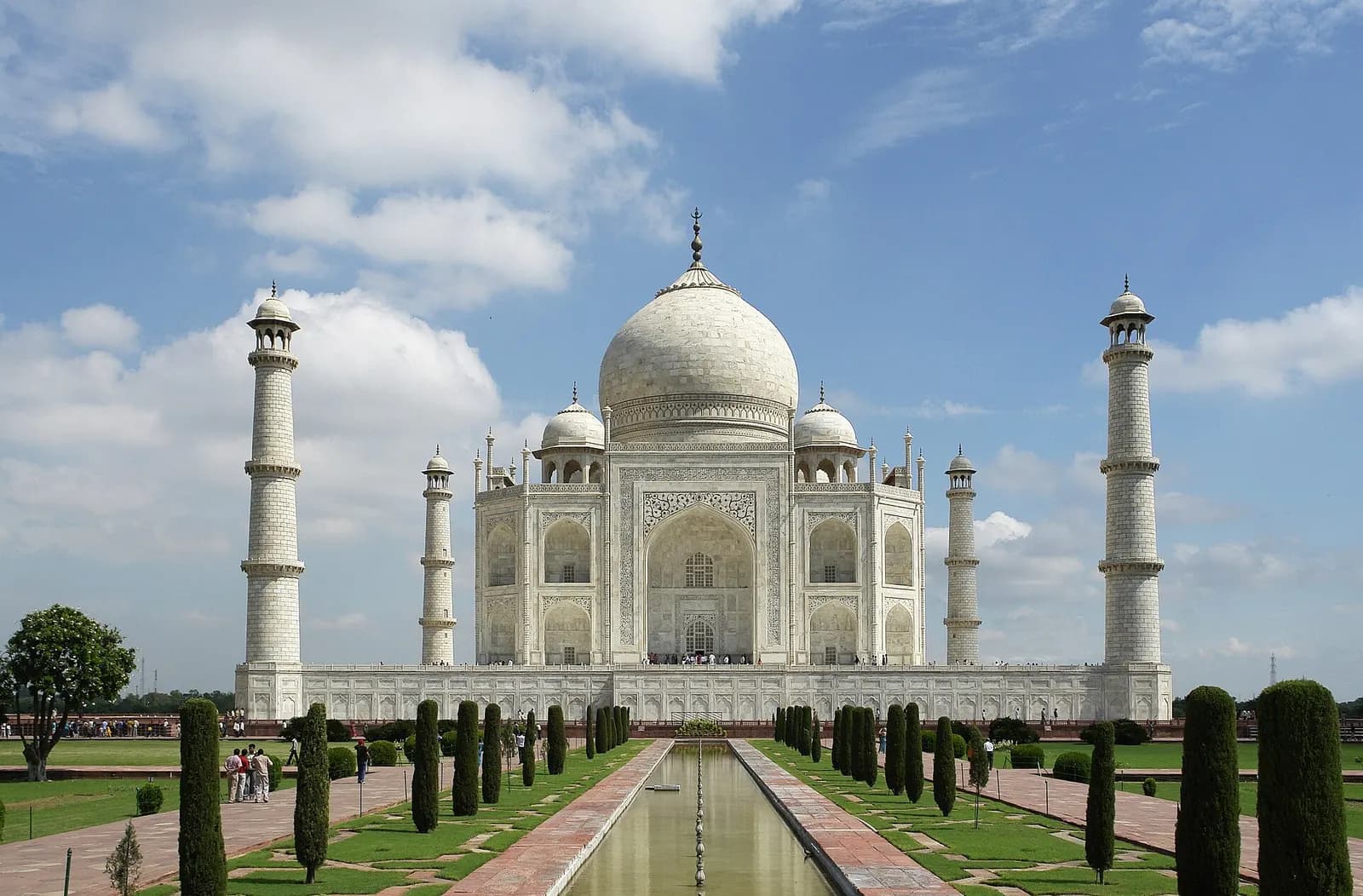 The Taj Mahal in Agra seen across its garden and long reflecting pool