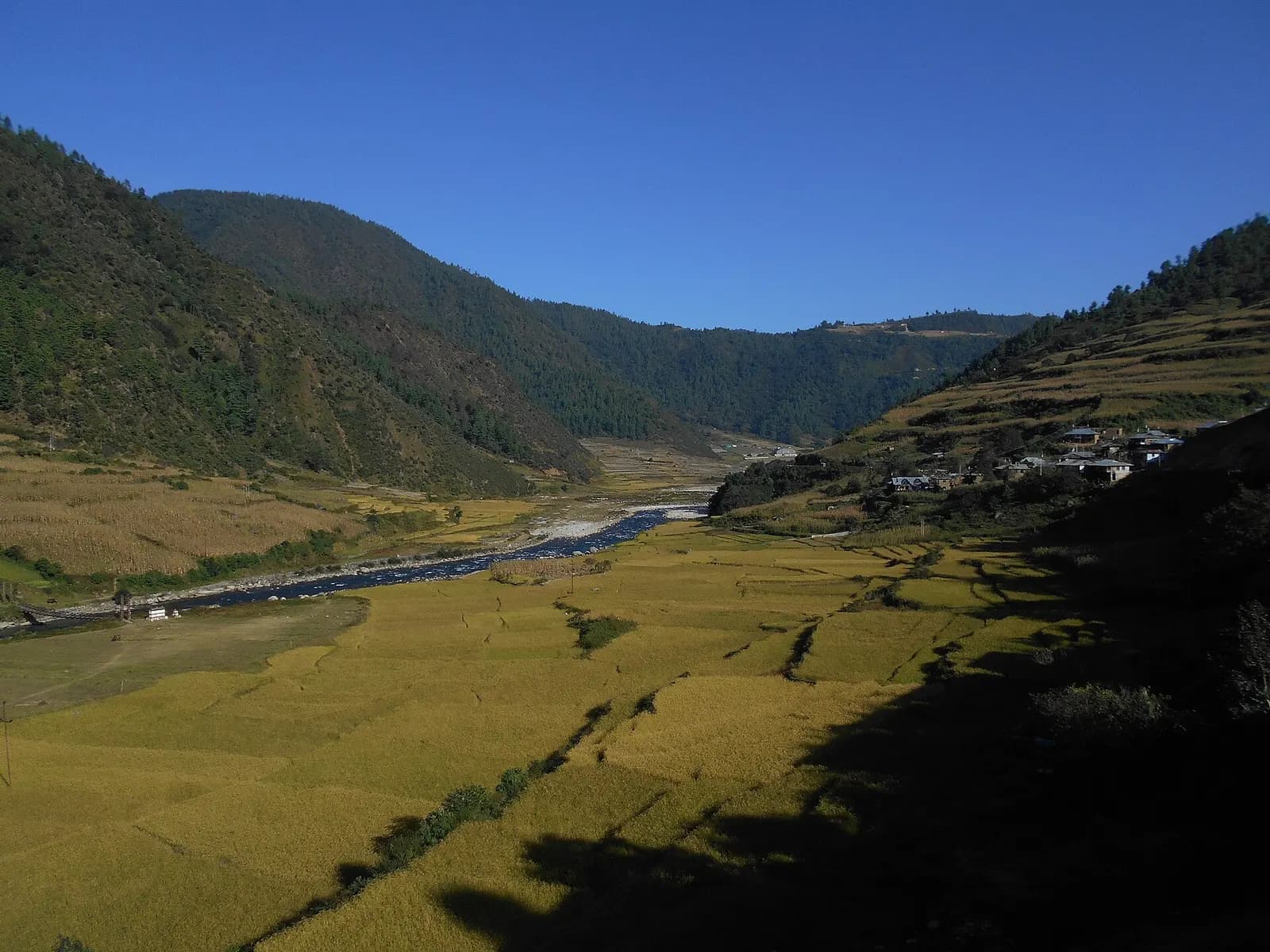 Dirang valley with the Kameng river and Monpa houses in West Kameng, Arunachal Pradesh
