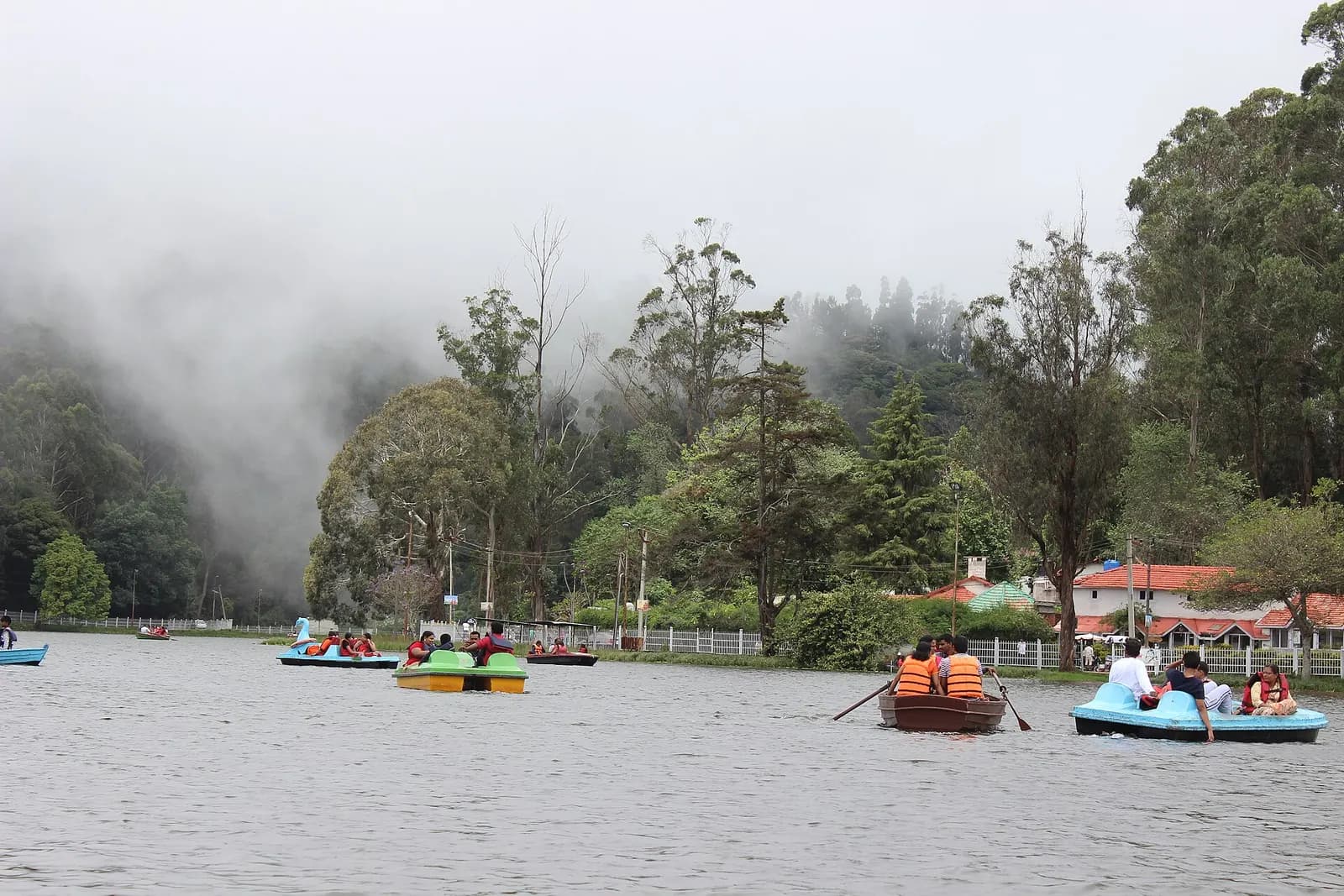 Mist drifting over the star-shaped Kodai Lake and wooded slopes at Kodaikanal