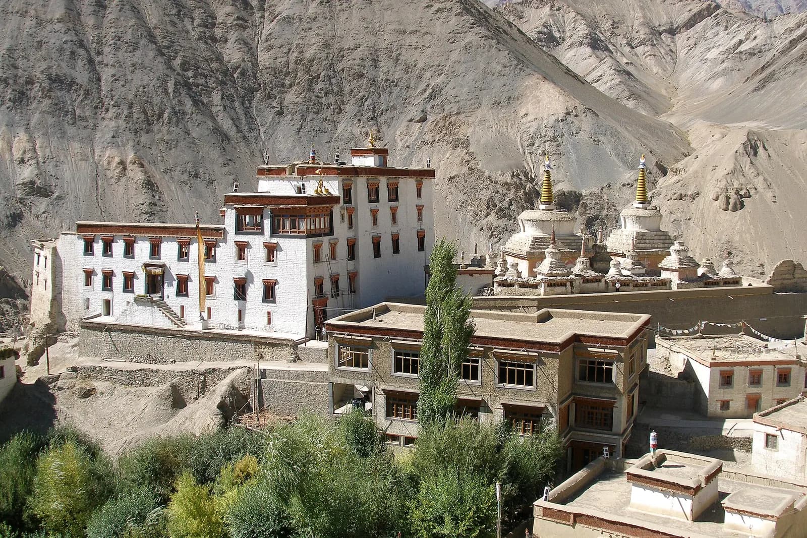 Lamayuru Monastery perched on a rocky ridge above the eroded moonland valley in Ladakh