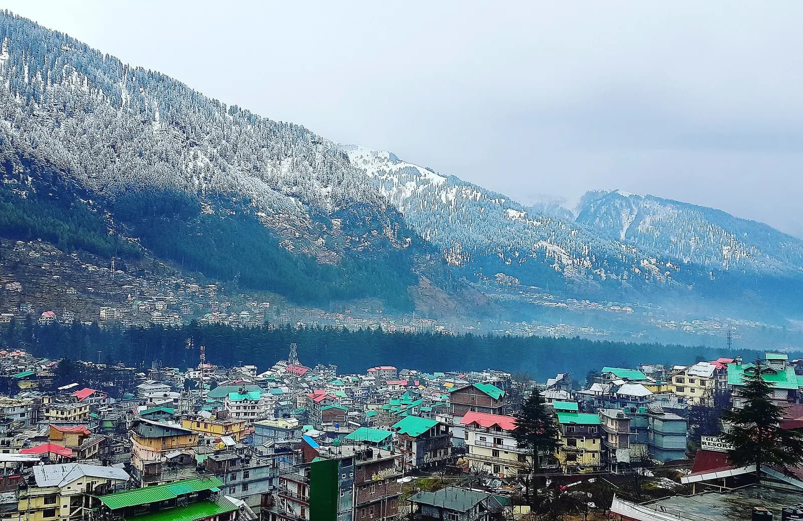 Manali town and the Beas valley below snow-covered peaks of the Pir Panjal