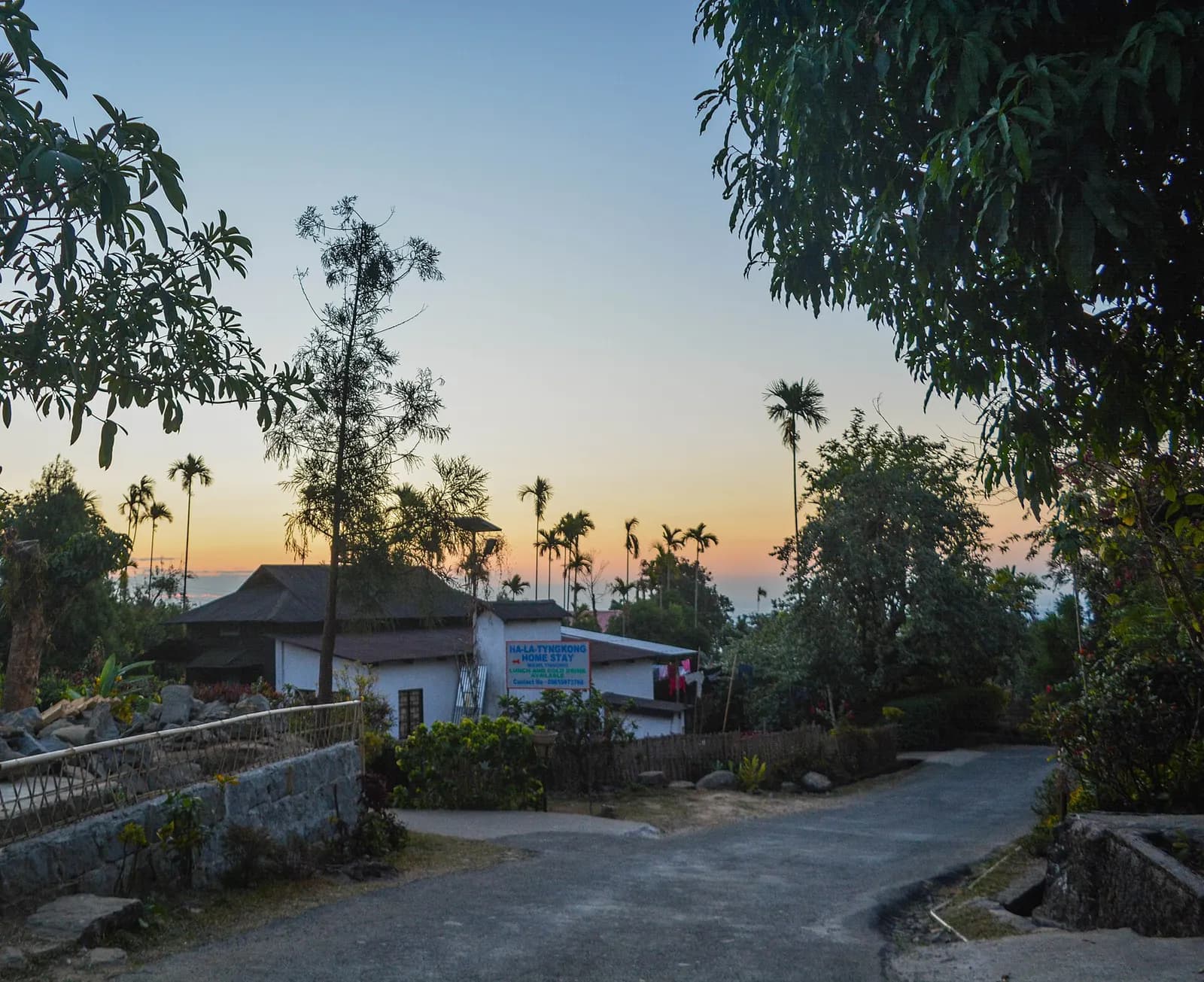 Flower-lined lane with bamboo dustbins in Mawlynnong village, Meghalaya