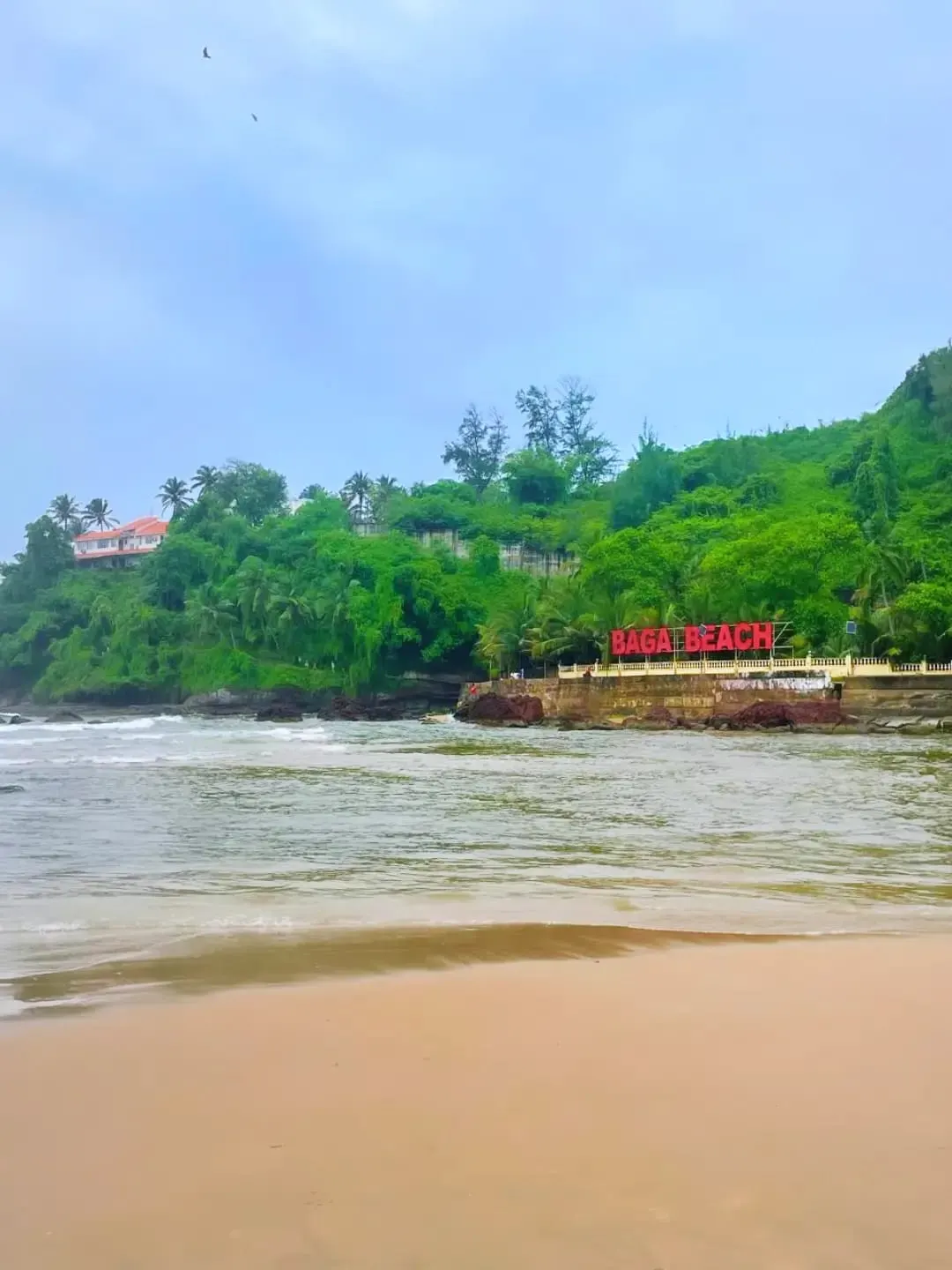 Beach shacks and palm trees along the sand at Baga in North Goa
