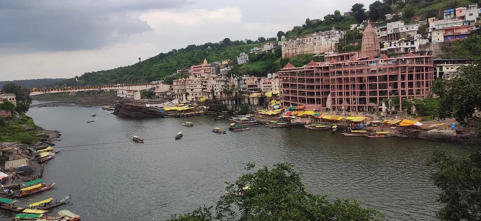 Omkareshwar temple and ghats on Mandhata island rising above the Narmada river
