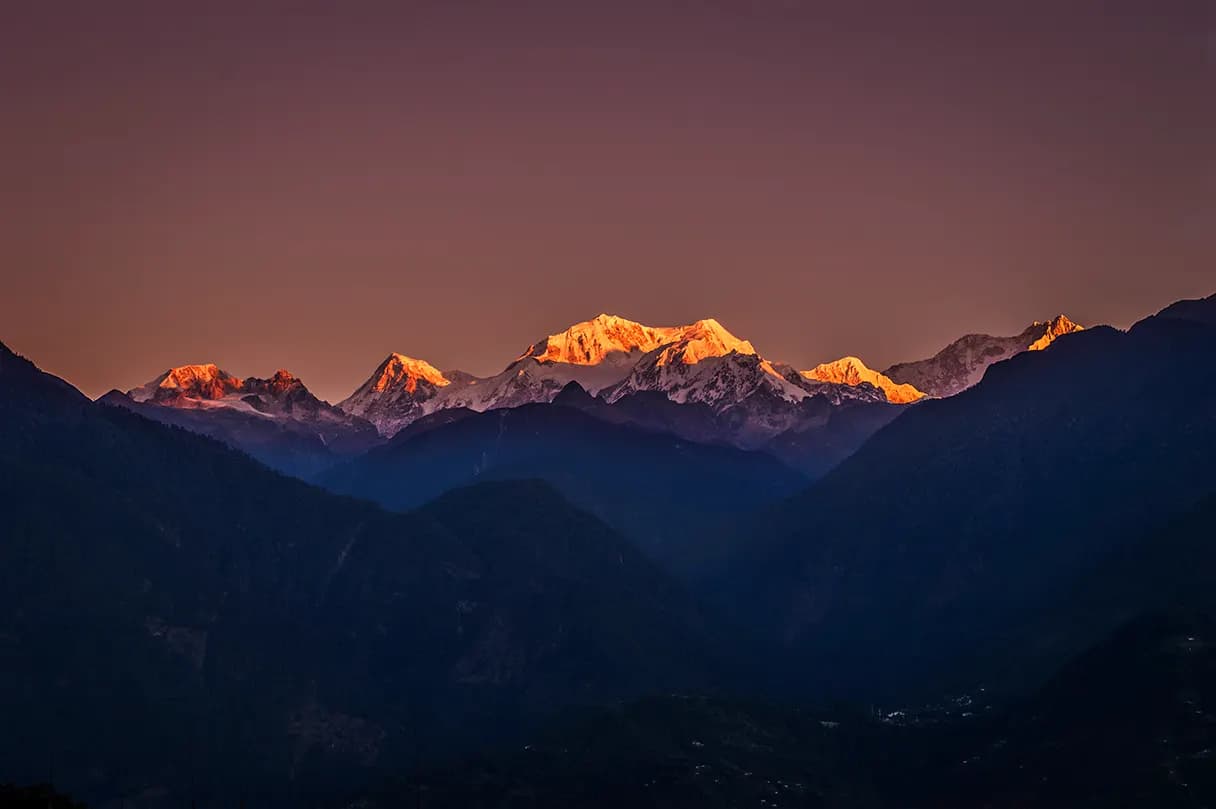 The Kanchenjunga range seen at sunrise from Pelling in West Sikkim