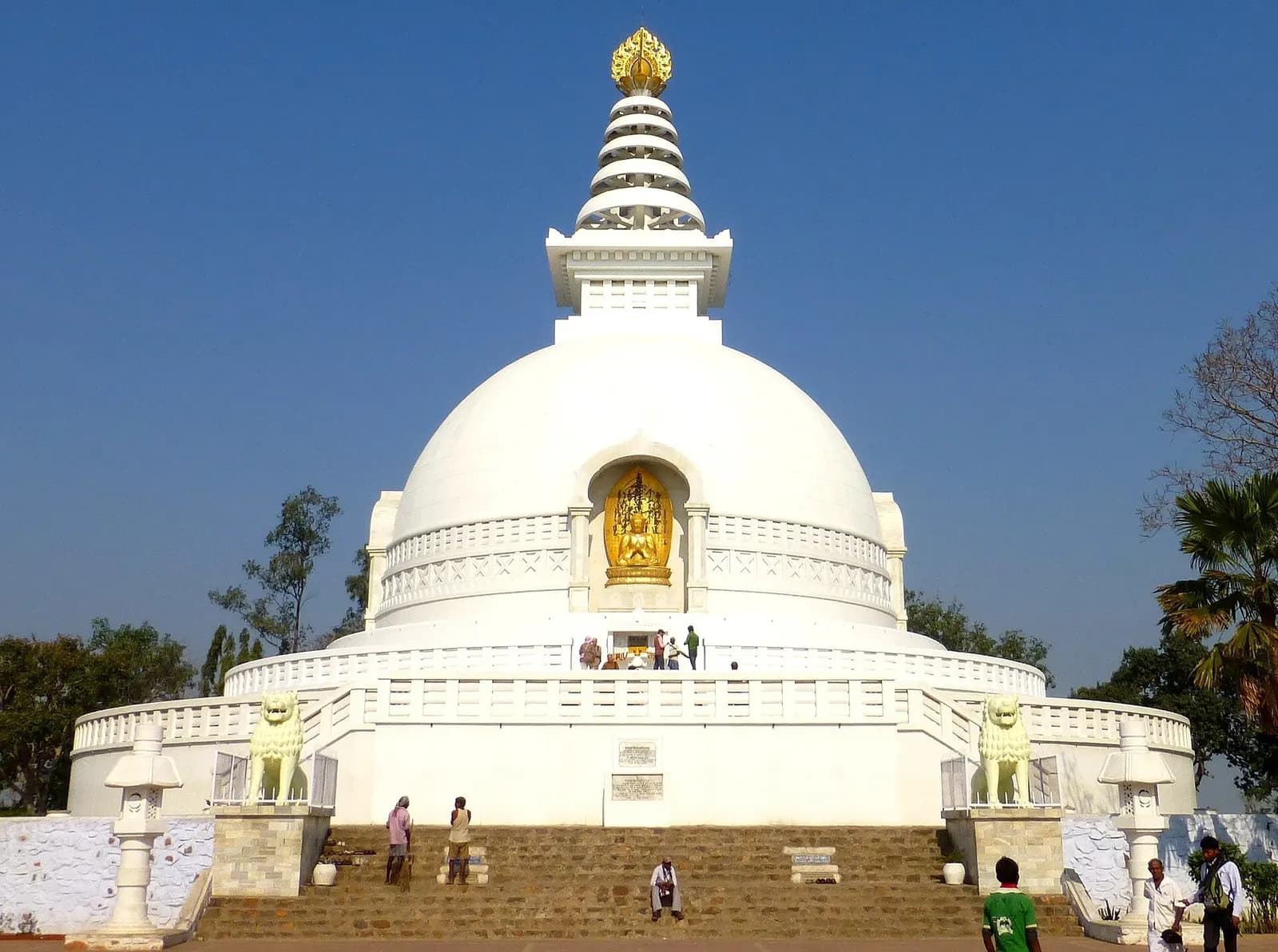 The white Vishwa Shanti Stupa on Ratnagiri hill above the wooded valley of Rajgir