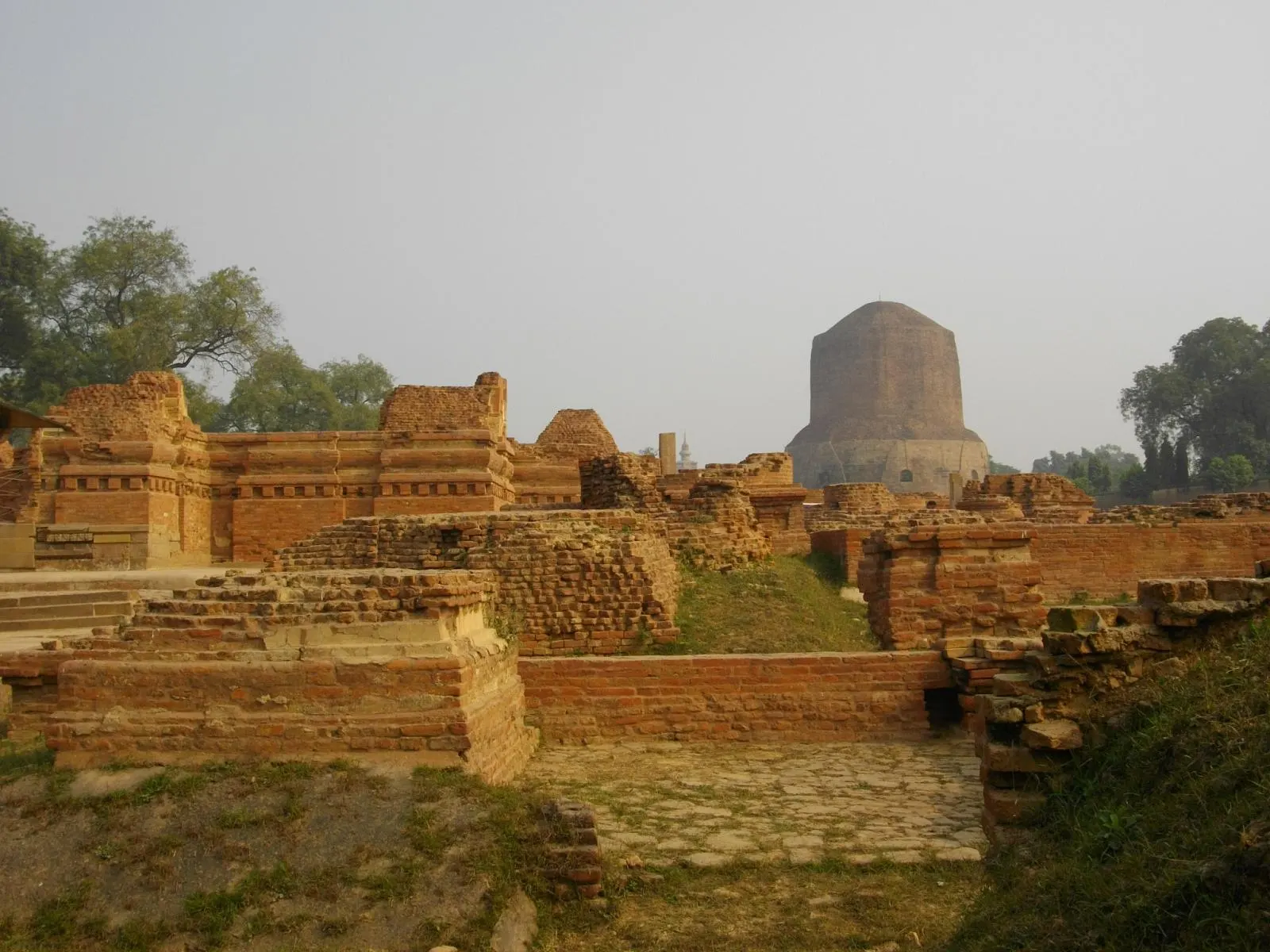 Excavated brick monasteries beside the Dhamek Stupa at Sarnath near Varanasi