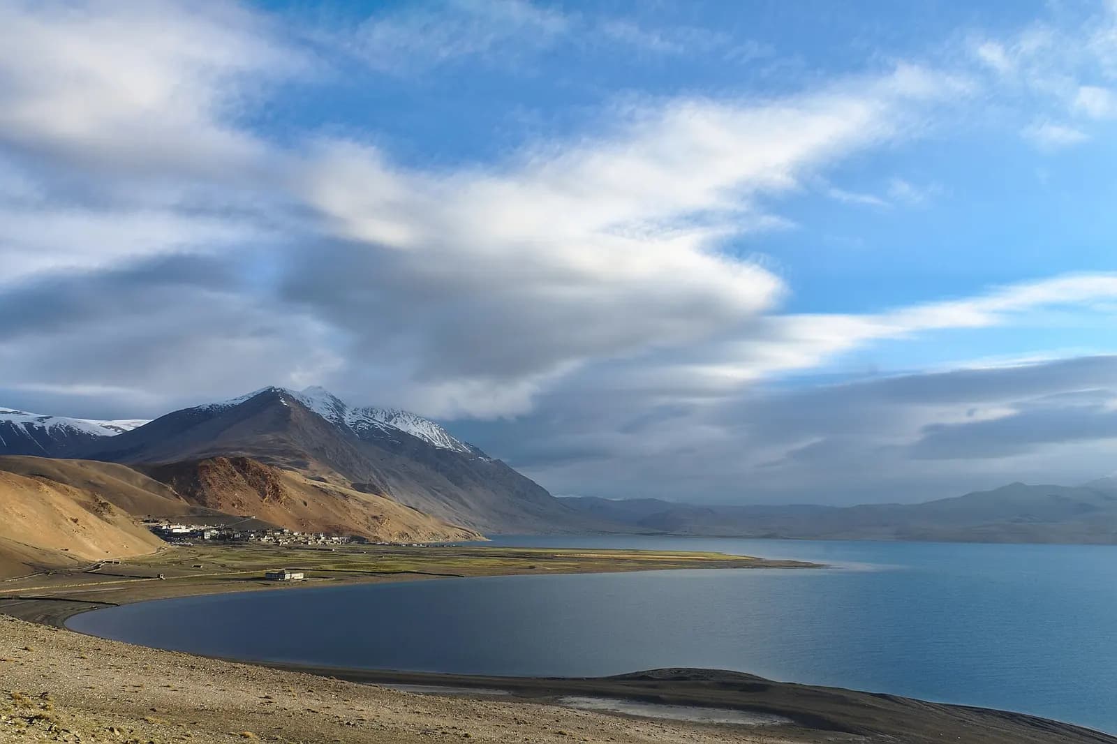 The deep blue water of Tso Moriri lake with snow-topped mountains on the Changthang plateau