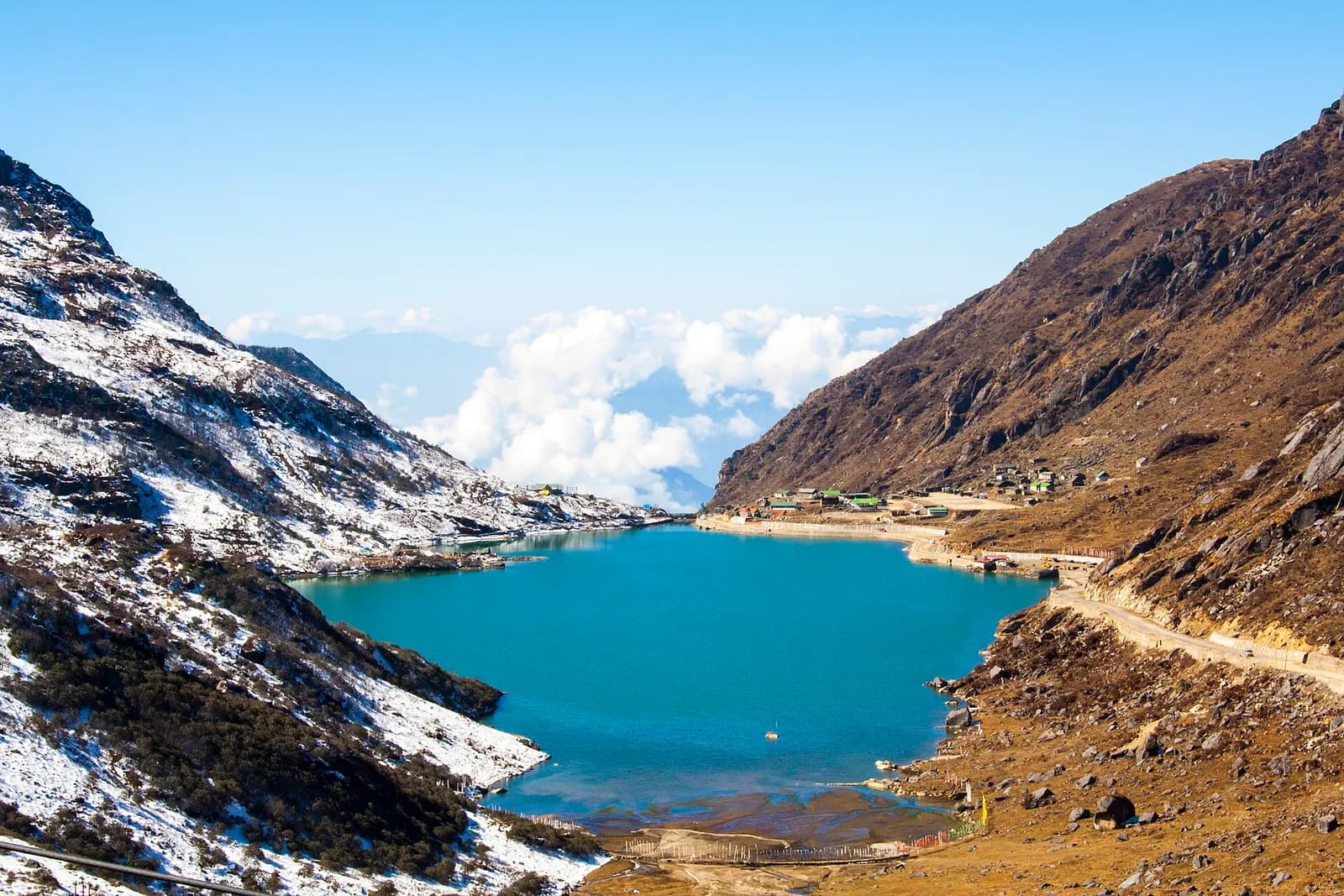 Tsomgo Lake in East Sikkim ringed by snow-streaked ridges