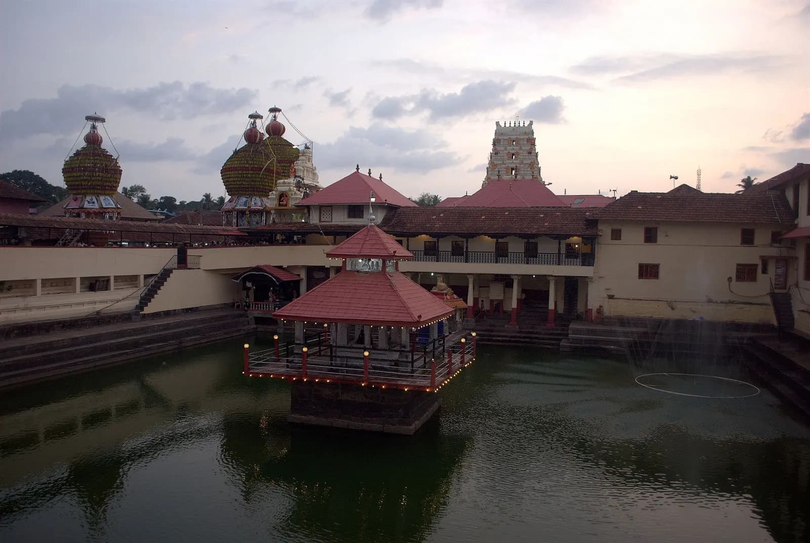 The Sri Krishna Matha temple tank and tiled roofs at Udupi on the Karnataka coast