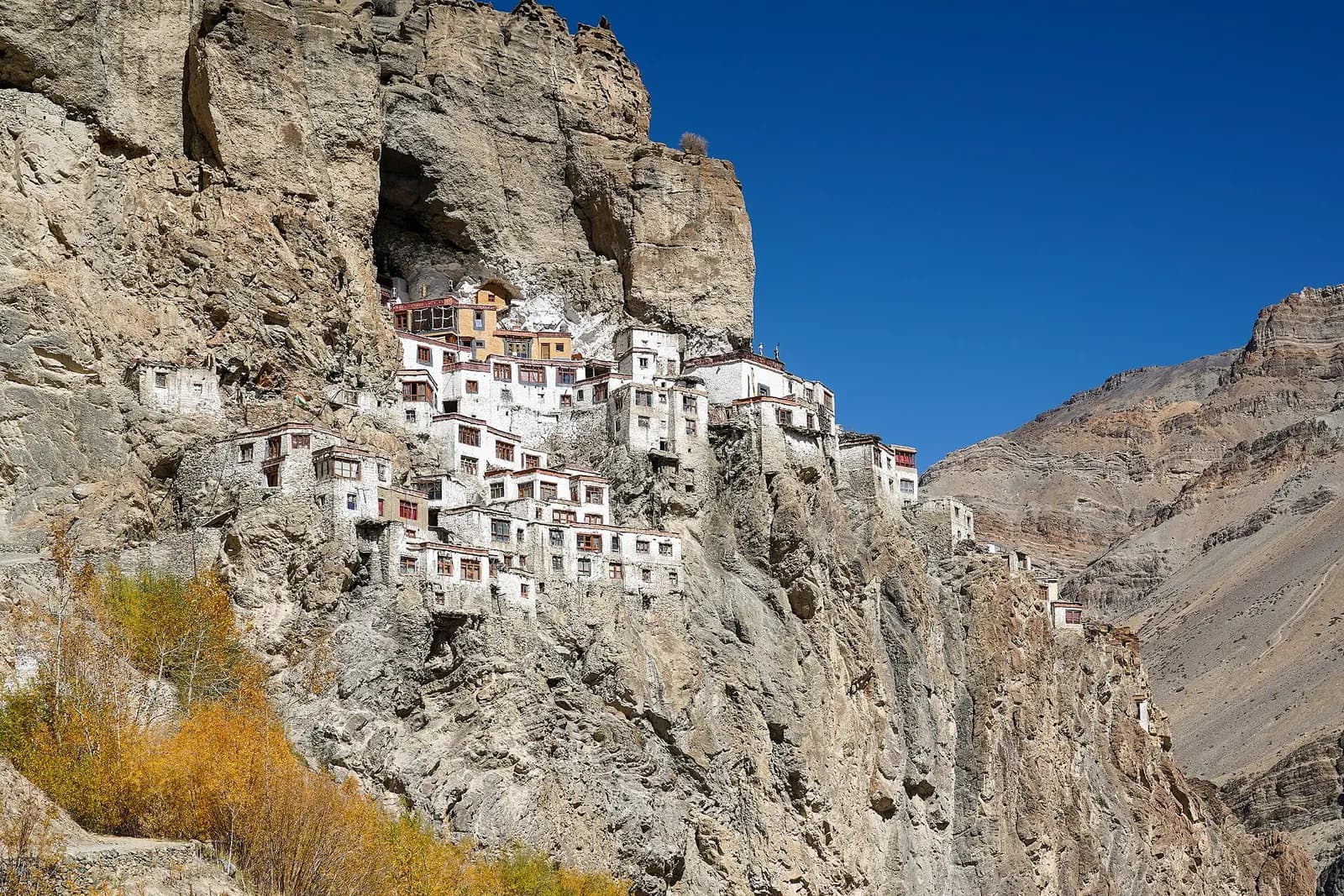 Phugtal Monastery built into a cliff cave above the Tsarap river in Zanskar