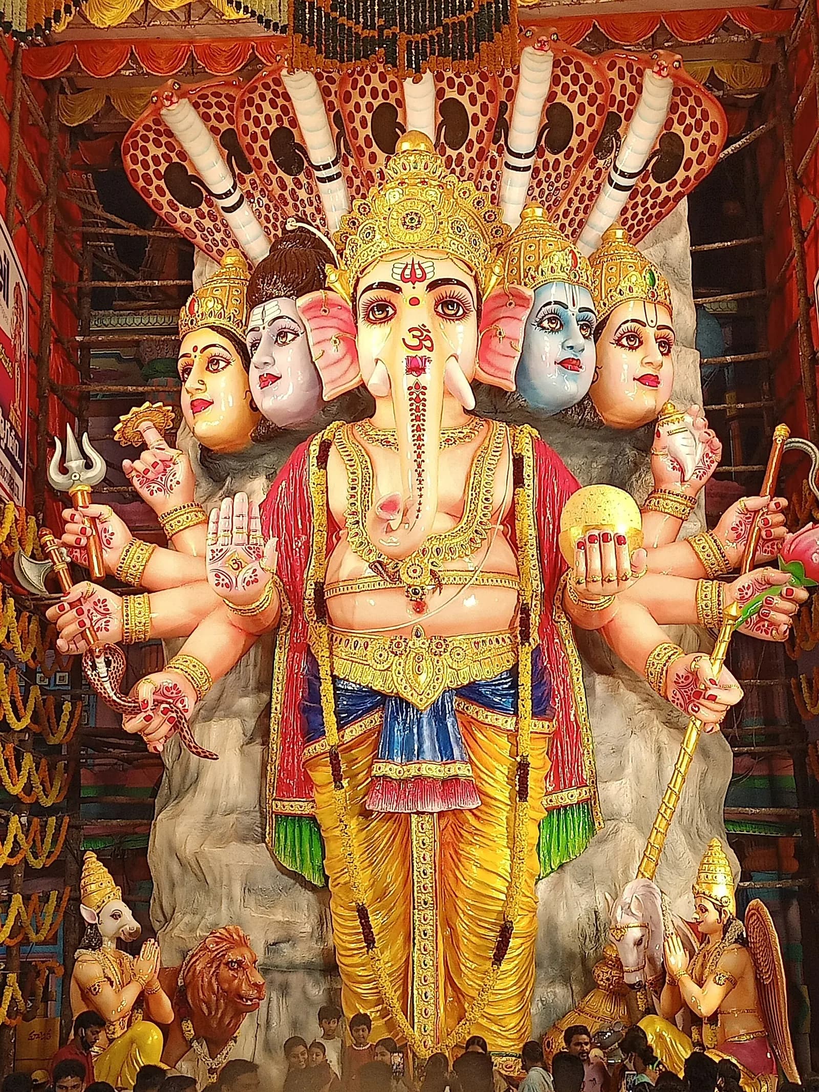 A decorated Ganesha idol installed in a street pandal during Ganesh Chaturthi in Maharashtra