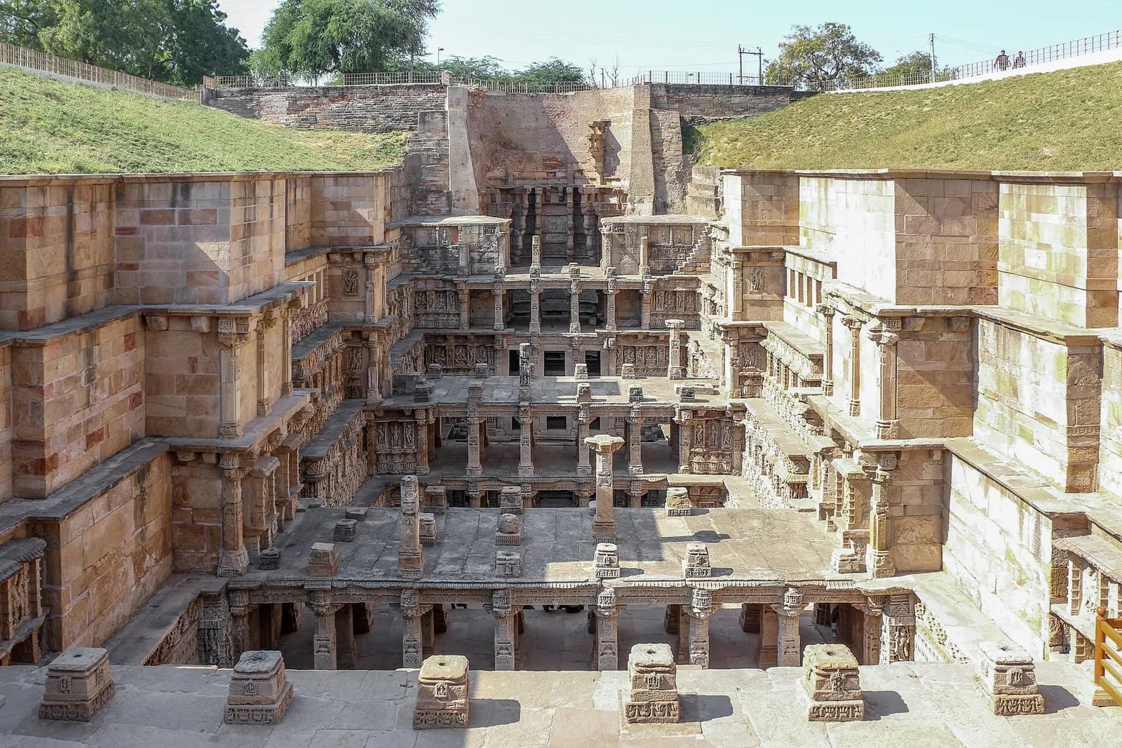 Carved sculpture tiers descending into the Rani ki Vav stepwell at Patan, Gujarat