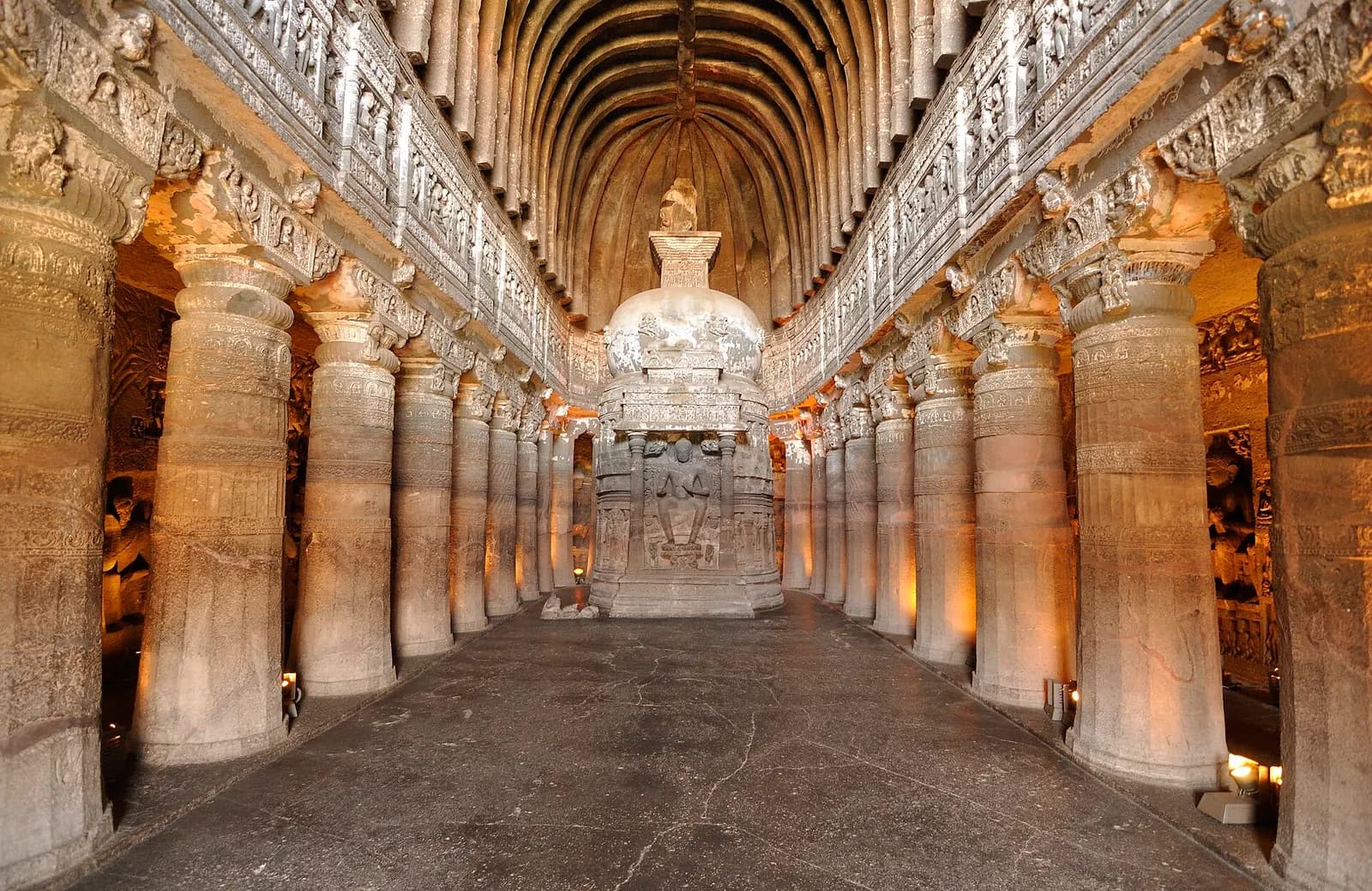 Carved stupa and pillared aisle inside Cave 26 at Ajanta, Maharashtra