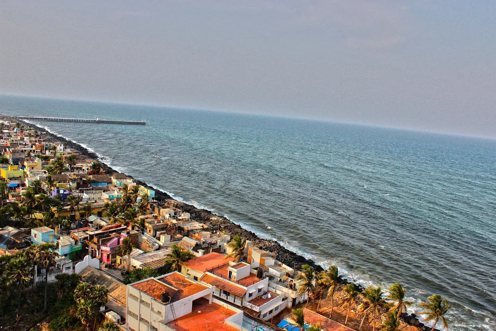 Rock Beach and the seafront promenade at Puducherry seen from above