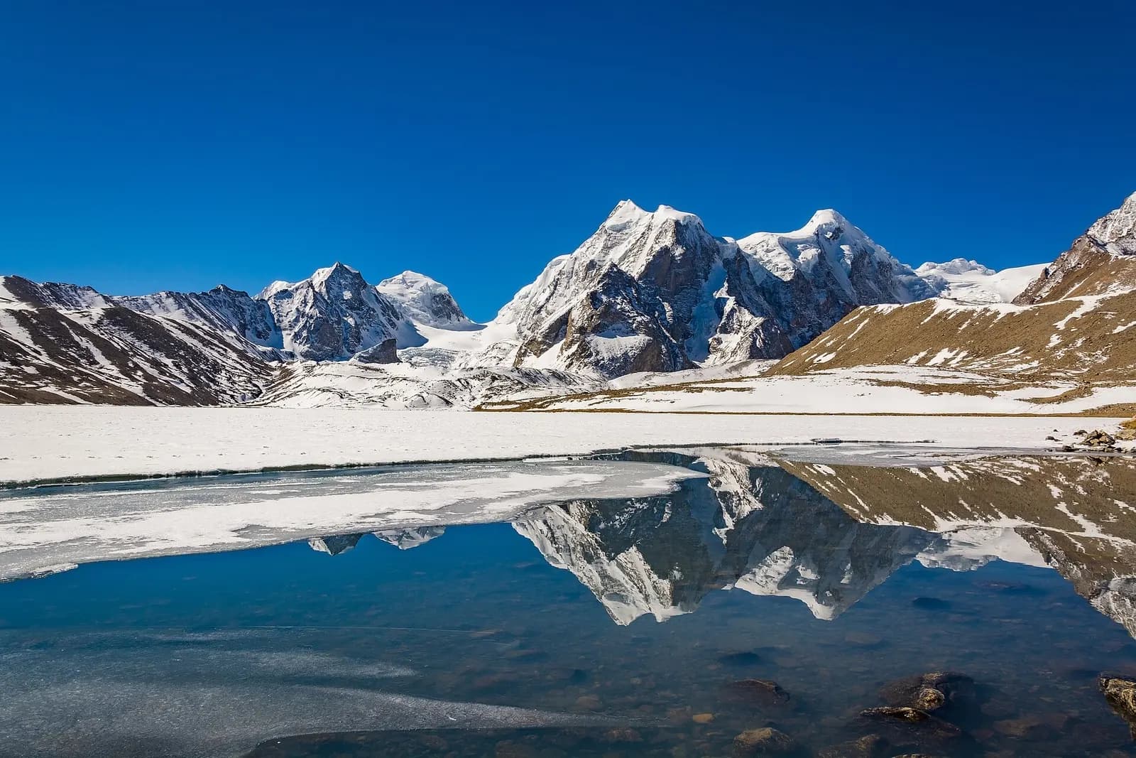 Gurudongmar Lake below snow peaks in north Sikkim