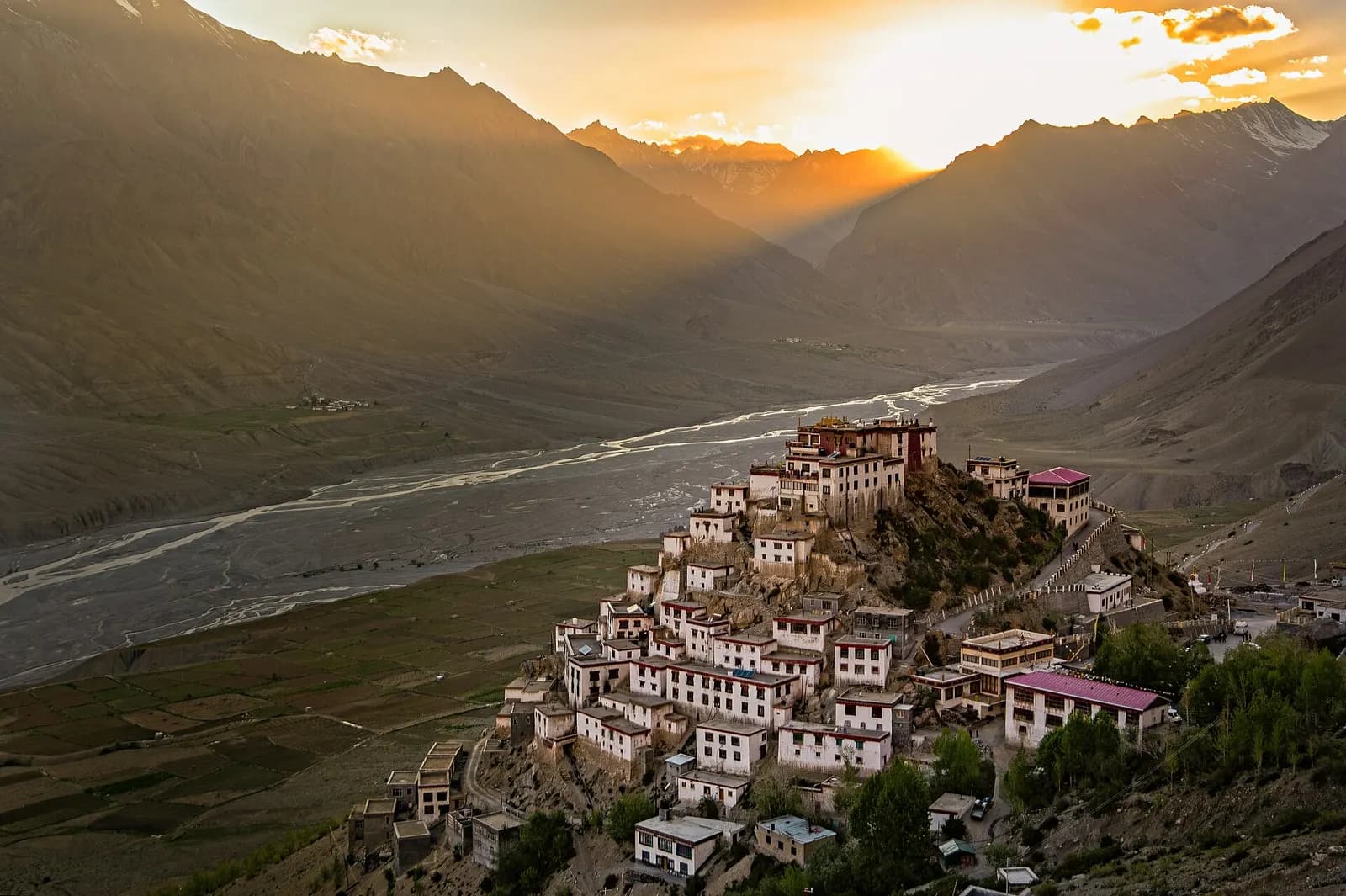 Key Monastery stacked in tiers above the Spiti river valley